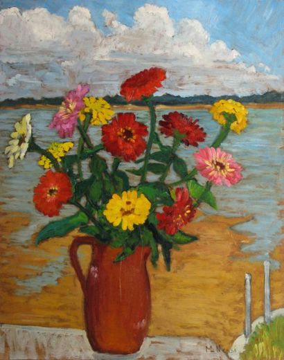 NESSI-VALTAT Marie Lucie, 1910-1992 Bouquet au paysage huile sur isorel signé en...