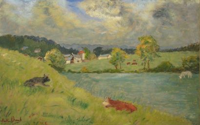 ORANT Marthe, 1874-1957 Vaches près de la rivière peinture sur isorel signé en bas...