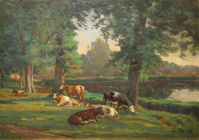 RAUB Charles, XIX-XXe siècles Vaches sous les arbres huile sur toile (restaurations)...