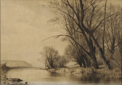 SIMON Léon, 1836-1910 Bords de rivière fusain (insolation) signé en bas à droite...