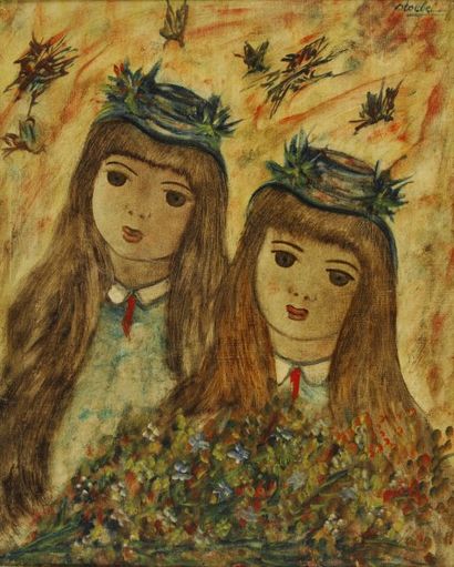 STOEBEL Edgar, 1909-2001 Deux fillettes huile sur toile signée en haut à droite ...