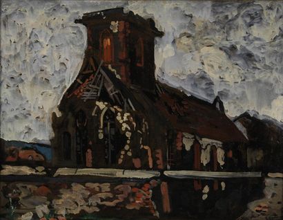 SYNAVE Tancrède, 1860-1936 L'église morte (Vieux Thann), 1917 huile sur carton signé...