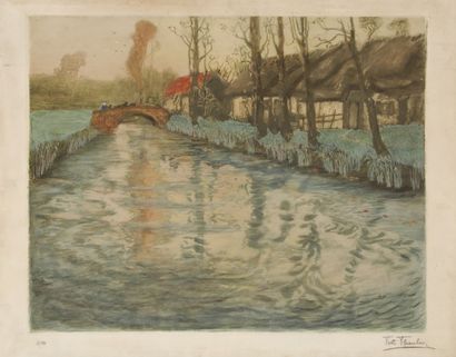 THAULOW Fritz, 1847-1906 Maison au bord de rivière gravure en couleurs, épreuve n°53...