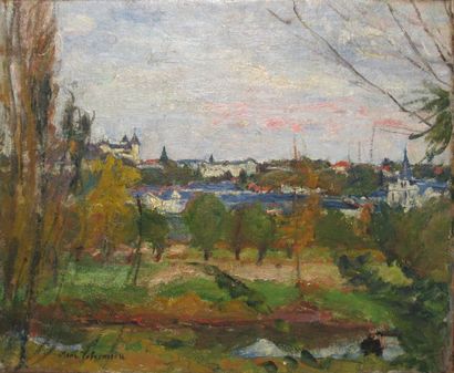 THOMSEN René, 1897-1976 Paysage aux toits bleus huile sur toile (restaurations) signée...