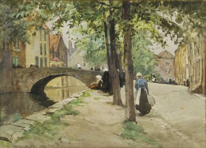 WINTER William Tatton, 1855-1928 Bord de canal animé à Bruges, 1911 aquarelle signée...