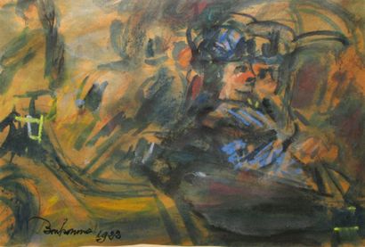 BONHOMME Léon, 1870-1924 En fiacre, 1922 aquarelle et crayons sur papier beige signé...