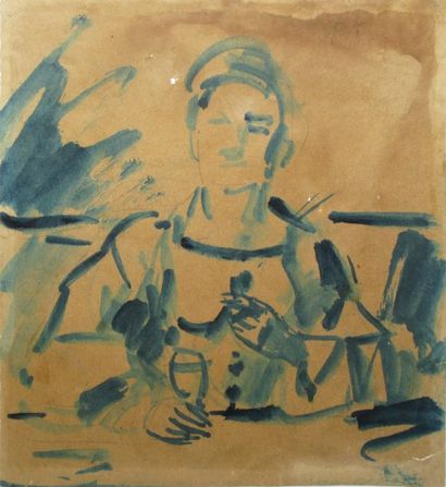 BONHOMME Léon., attribué à Le buveur lavis d'encre bleue sur papier beige (traces...