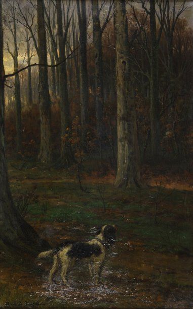 BRAEKELEER Adrien Ferdinand de, 1818-1904 Sous-bois avec chien et ramasseuse de fagots...