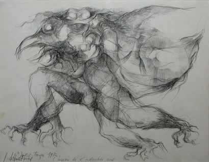 DEFONTAINE, XXe siècle L'oiseau de l'indicible nuit, 1972 dessin au crayon noir signé,...