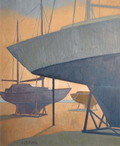 DURAND Jean, 1919-2000 A la cale huile sur toile signée en bas à droite 65x54 cm
