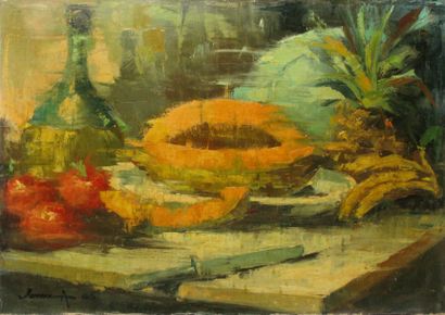 ÉCOLE MODERNE Melon et fiasque de chianti, 1955 huile sur toile signée et datée en...
