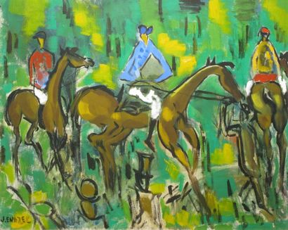 ENDZEL Jacques, né en 1927 Trois jockeys huile sur toile signée en bas à gauche,...
