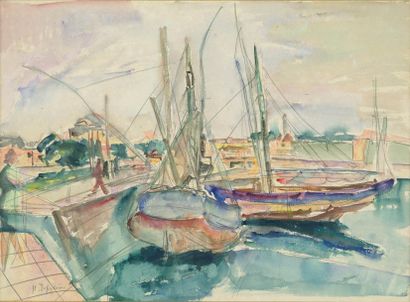 EPSTEIN Henri, 1892-1944 Bateaux à quai aquarelle signée en bas à gauche 41x55,5...