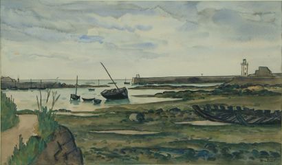 ANTRAL Louis Robert, 1895-1940 Le port de Barfleur aquarelle signée et située en...