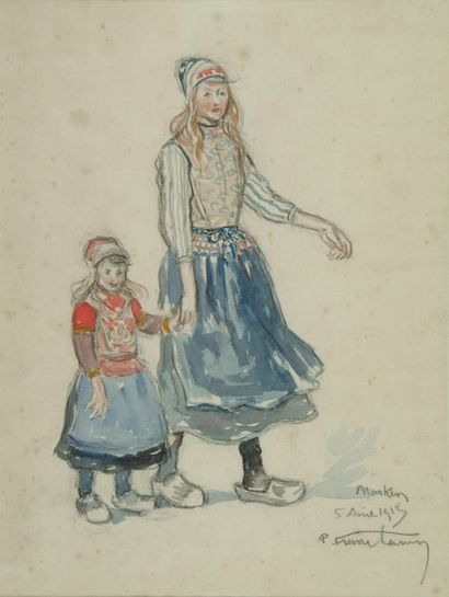 FRANC-LAMY Pierre, 1855-1919 Deux jeunes filles, Marken, 5 avril 1913 aquarelle sur...