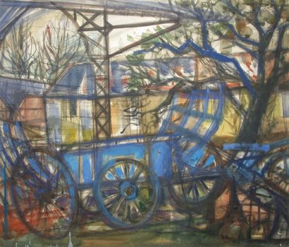 GAILLARDOT Pierre, 1910-2002 La charrette bleue aquarelle (petites accidents) signée...