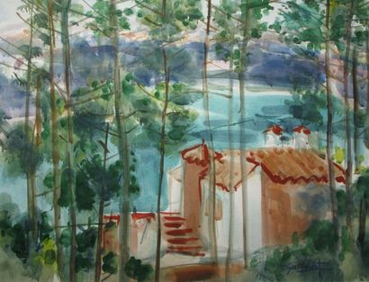 GAILLARDOT Pierre, 1910-2002 Villa dans les arbres aquarelle signée en bas à droite...