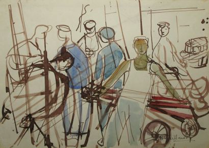 GAILLARDOT Pierre, 1910-2002 Les Halles de Paris dans les années 50 aquarelle sur...