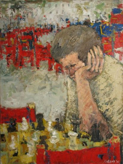 GALANT René, 1914-1997 Joueurs d'échec à Saint Tropez, 1975 huile sur toile (craquelures)...