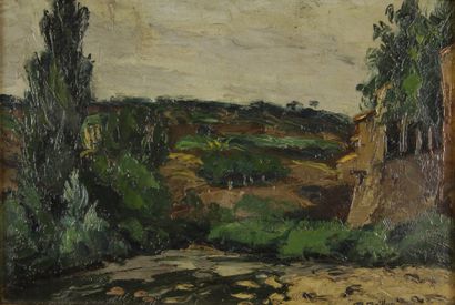 GRILLON Roger, 1881-1938 Paysage vallonné aux arbres, VIII.32 huile sur panneau signé...