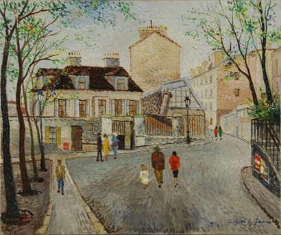 HAYTER, XXe siècle Promeneurs à Montmartre, place Émile Goudeau huile sur toile signée...