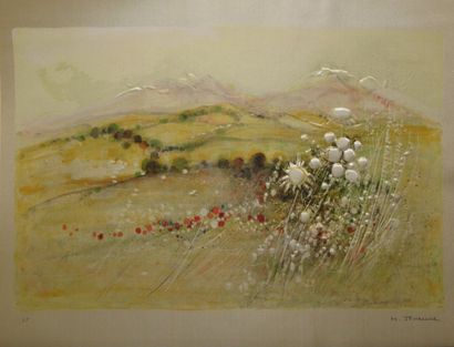 JOUENNE Michel, né en 1933 Paysage aux tournesols et coquelicots lithographie en...