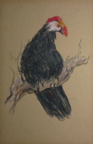 KOEVA, né en 1937 Oiseau sur une branche aquarelle gouachée signée en bas à droite...