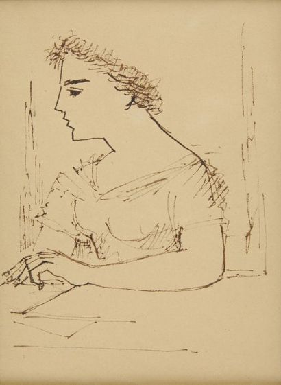 LA SERNA Ismaël de, 1897-1968 Jeune femme à la table dessin à la plume et encre brune...