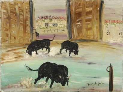 LE DANTEC Yvan, XXe siècle Les taureaux dans l'arène huile sur toile (petits manques)...
