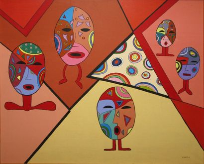 NAMI V., XXe siècle Composition aux masques, 1991 acrylique sur toile signée et datée...