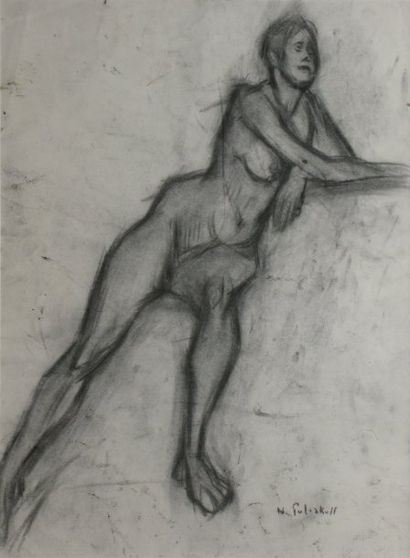 POLIAKOFF Nicolas, 1899-1976 Nu féminin accoudé dessin au fusain (traces de frottements,...