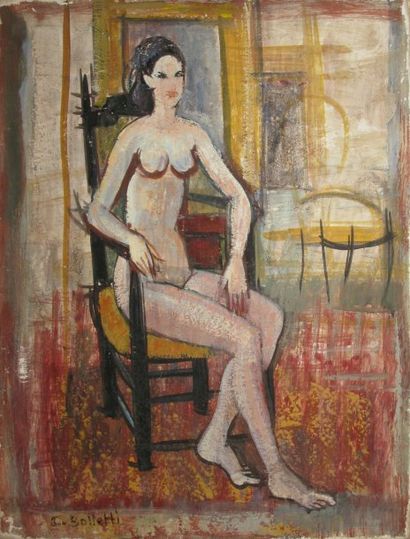 BOLLETTI César, circa 1915-1995 Modèle nu au fauteuil peinture sur toile (quelques...