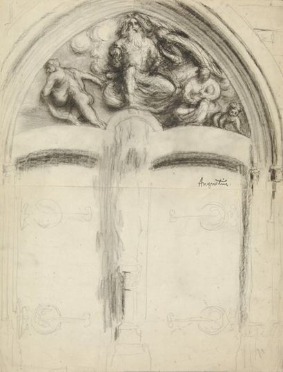 ANQUETIN Louis, 1861-1932 Porche d'église feuille d'étude au crayon noir (traces...