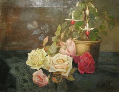 DEBRUS Alexandre, 1843-1905 Roses et fuschias, 1886 huile sur toile (marques de châssis,...