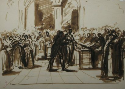 DEHODENCQ Alfred, 1822-1882 Scène historique dessin à la plume et à l'encre brune...
