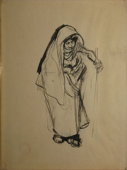 DEHODENCQ Alfred, 1822-1882 Vieille orientale à la canne dessin à la plume et à l'encre...