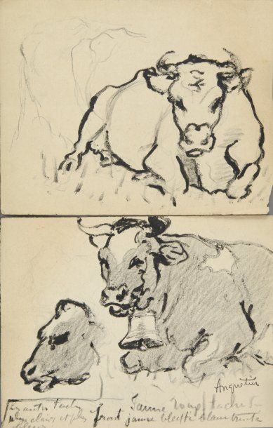 ANQUETIN Louis, 1861-1932 Vaches et chevaux deux feuilles d'étude à l'encre et au...