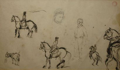 DEHODENCQ Alfred, 1822-1882 Cavaliers et personnages feuille d'étude à la plume,...