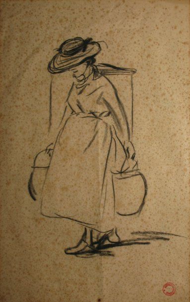 DEHODENCQ Alfred, 1822-1882 La porteuse d'eau dessin au crayon noir (traces de plis...