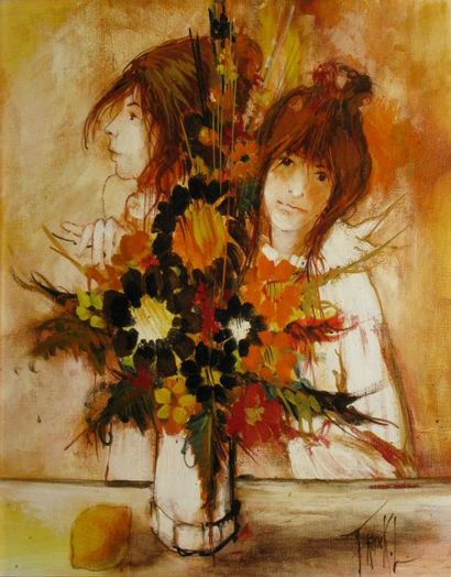 FRANK L., né en 1944 Femmes au bouquet huile sur toile signée en bas à droite, titrée...