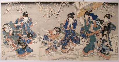 KUNISADA triptyque représentant des jeunes femmes et des enfants dans la neige, jouant...
