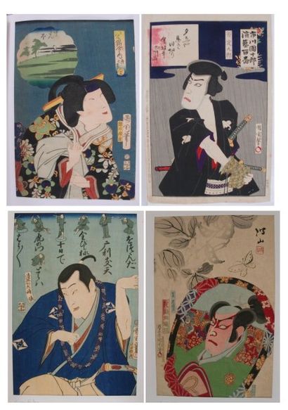 KUNICHIKA quatre oban tate-e, dont, acteur en buste dans le rôle d'une femme (1867)...