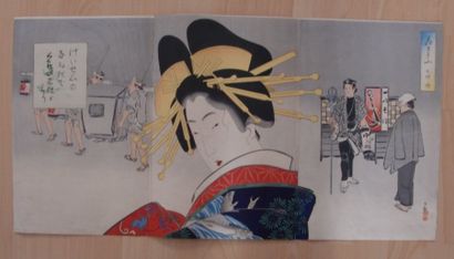 KIYOCHIKA Triptyque représentant une jeune femme en buste ; à l'arrière plan, chaise...