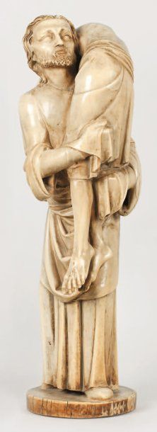 null Importante sculpture en ivoire d'un saint personnage portant le corps du christ....