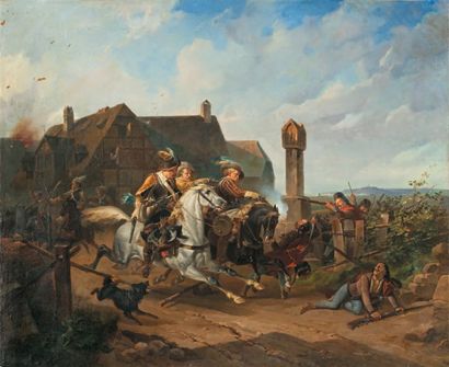 PERLBERG Johann Georg (1806 -1884) Traversée d'un village par une horde de cavalier...