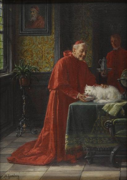 Adolf HUMBORG Cardinal donnant une coupe de lait à son chat, Munchen Huile sur panneau...