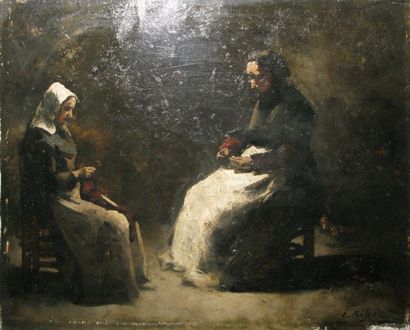 Genre de Théodule RIBOT Intérieur aux deux servantes Huile sur panneau, inscription...