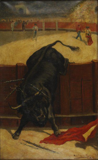 Aristides DEL RIO Taureau s'échappant de l'arène, 1906 Huile sur toile, signée et...