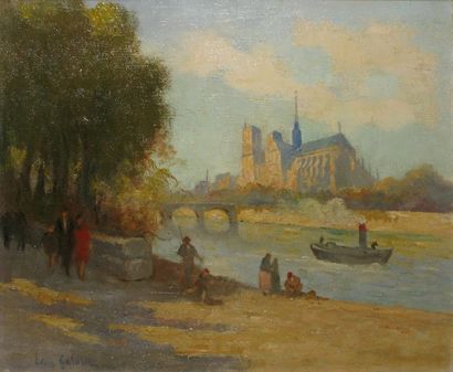 Léon GALAND Promenade sur les quais près de Notre-Dame Huile sur toile, signée en...