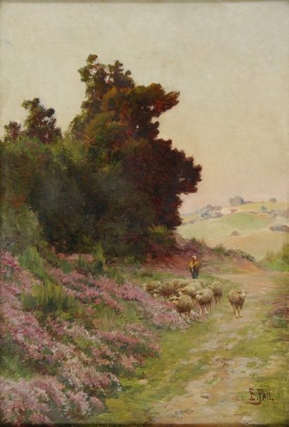 Edouard PAIL Bergère et ses moutons dans les bruyères Huile sur toile (restauration...